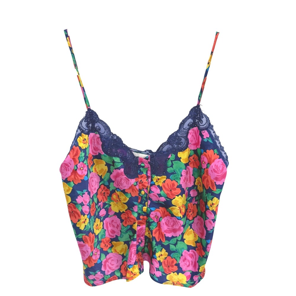 Vintage Victorias Secret Gold Label Floral Lace Beaded Camisole Navy Blue Large